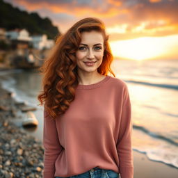 A 40-year-old Italian woman with long reddish hair styled in large curls