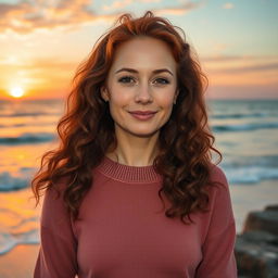 A 40-year-old Italian woman with long reddish hair styled in large curls