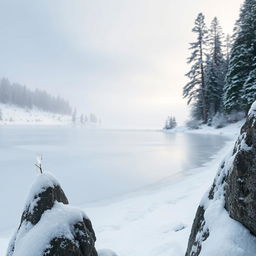 A serene winter lake scene, with a smooth, icy surface reflecting the pale blue sky