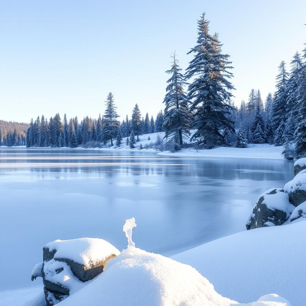 A serene winter lake scene, with a smooth, icy surface reflecting the pale blue sky