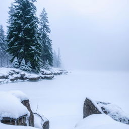 A serene winter lake scene, with a smooth, icy surface reflecting the pale blue sky