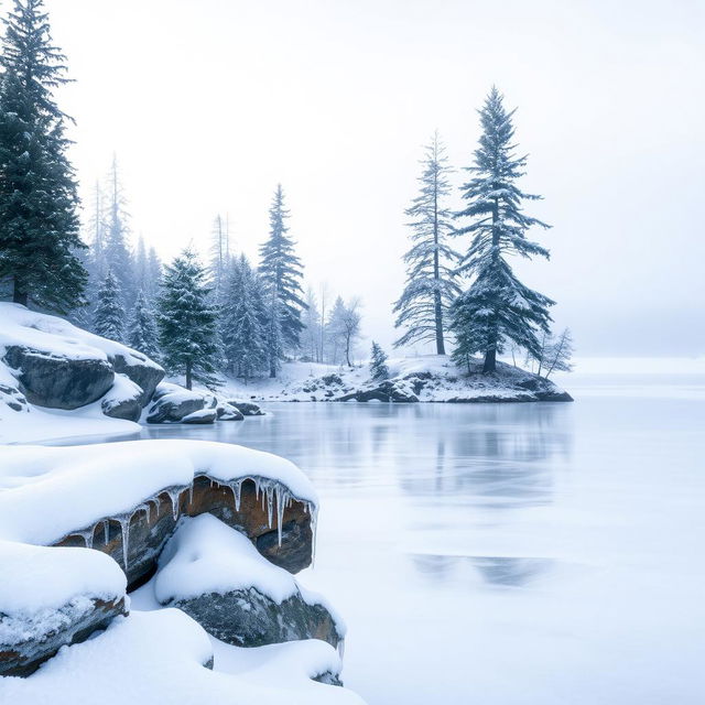 A serene winter lake scene, with a smooth, icy surface reflecting the pale blue sky