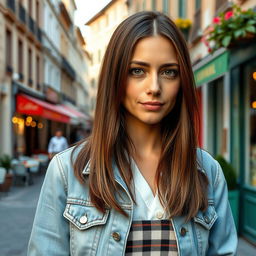 A 40-year-old Italian woman with straight chestnut hair that falls just below her shoulders