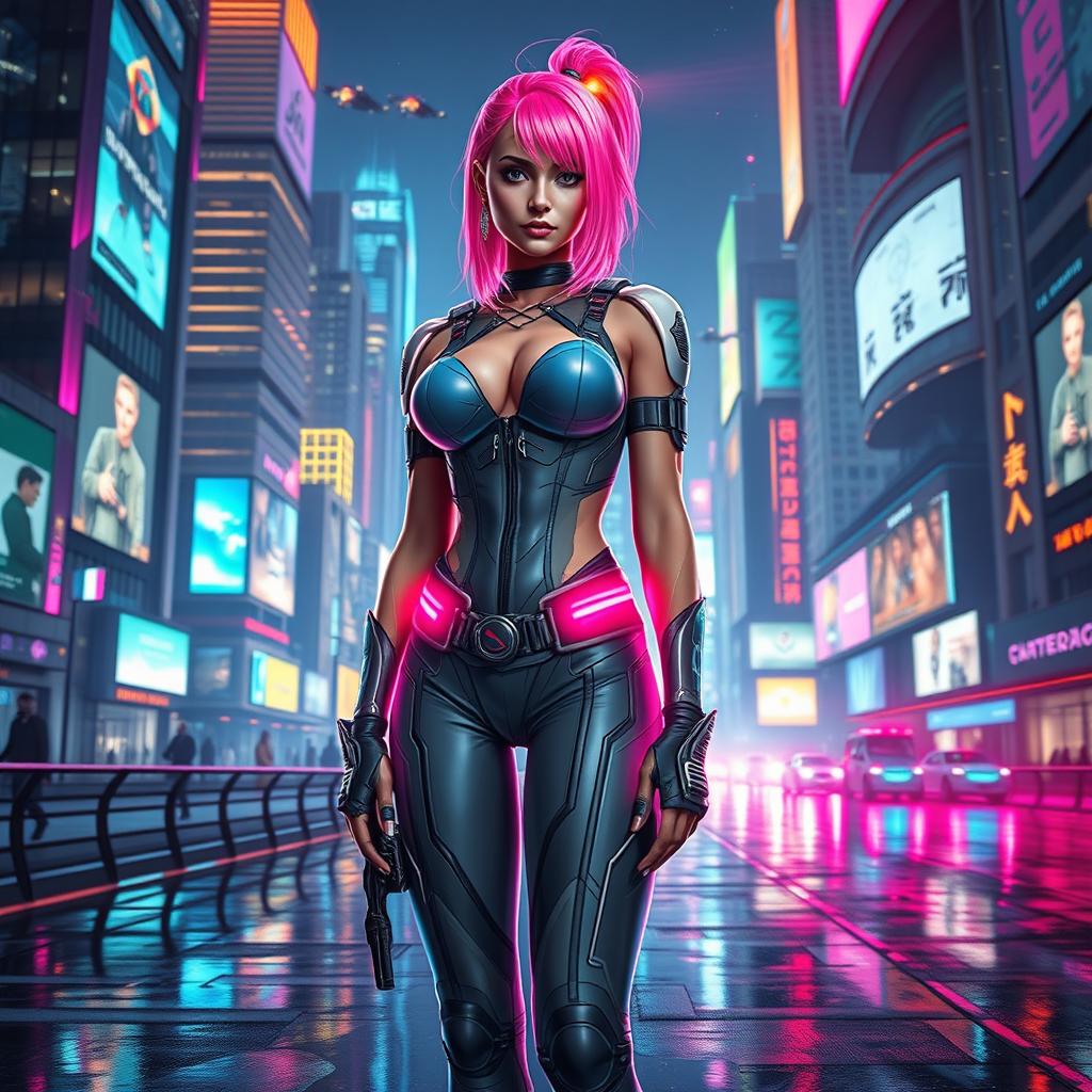 A stunning cyberpunk character standing in a futuristic cityscape, wearing a sleek, high-tech outfit with illuminated neon accents