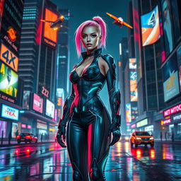 A stunning cyberpunk character standing in a futuristic cityscape, wearing a sleek, high-tech outfit with illuminated neon accents