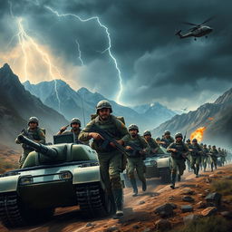 A dynamic and powerful portrayal of an army in action, featuring soldiers in modern military uniforms equipped with high-tech gear