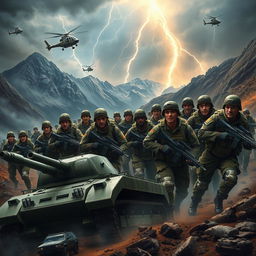 A dynamic and powerful portrayal of an army in action, featuring soldiers in modern military uniforms equipped with high-tech gear