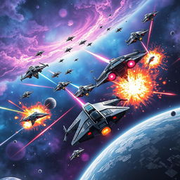 A thrilling space battle scene, depicting a fleet of futuristic spaceships engaged in a fierce dogfight amidst a vibrant star-studded galaxy
