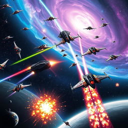 A thrilling space battle scene, depicting a fleet of futuristic spaceships engaged in a fierce dogfight amidst a vibrant star-studded galaxy