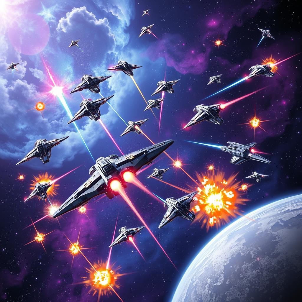 A thrilling space battle scene, depicting a fleet of futuristic spaceships engaged in a fierce dogfight amidst a vibrant star-studded galaxy