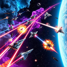 A thrilling space battle scene, depicting a fleet of futuristic spaceships engaged in a fierce dogfight amidst a vibrant star-studded galaxy