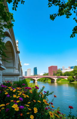 A stunning view of a grand river bridge in Coreen City, surrounded by lush greenery