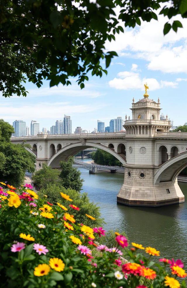 A stunning view of a grand river bridge in Coreen City, surrounded by lush greenery