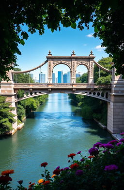 A stunning view of a grand river bridge in Coreen City, surrounded by lush greenery