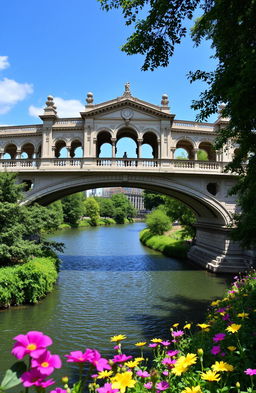 A stunning view of a grand river bridge in Coreen City, surrounded by lush greenery