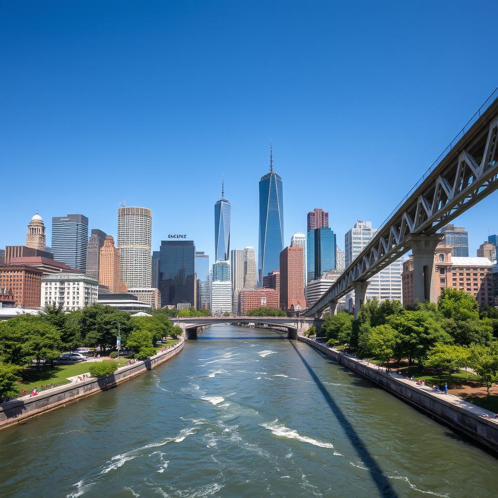 A captivating view of a river bridge in an American city, showcasing a blend of modern and historic architectural styles