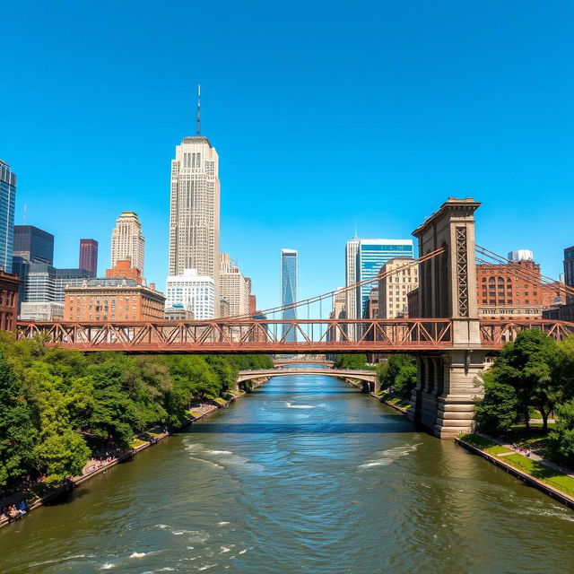 A captivating view of a river bridge in an American city, showcasing a blend of modern and historic architectural styles