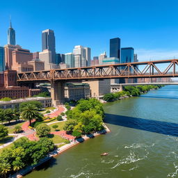A captivating view of a river bridge in an American city, showcasing a blend of modern and historic architectural styles
