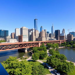 A captivating view of a river bridge in an American city, showcasing a blend of modern and historic architectural styles