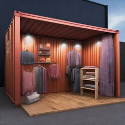 This is a digital art depiction of a fabric retail shop within a repurposed marine shipping container