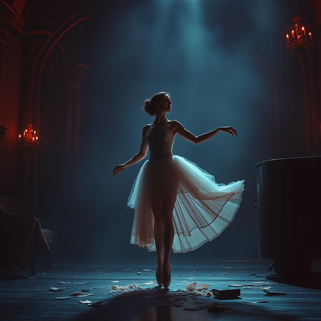 In a crimson light of a fading day, a ballerina named Lilith is displayed at a brutal auction, her shattered dreams like fragments of a mirror scattered on the floor