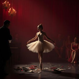 In a crimson light of a fading day, a ballerina named Lilith is displayed at a brutal auction, her shattered dreams like fragments of a mirror scattered on the floor