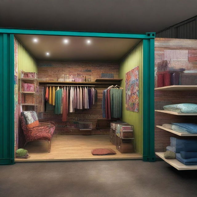 This is a digital art depiction of a fabric retail shop within a repurposed marine shipping container