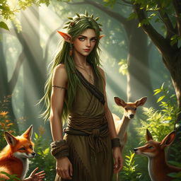 A young male wild druid elf standing in a lush, enchanted forest