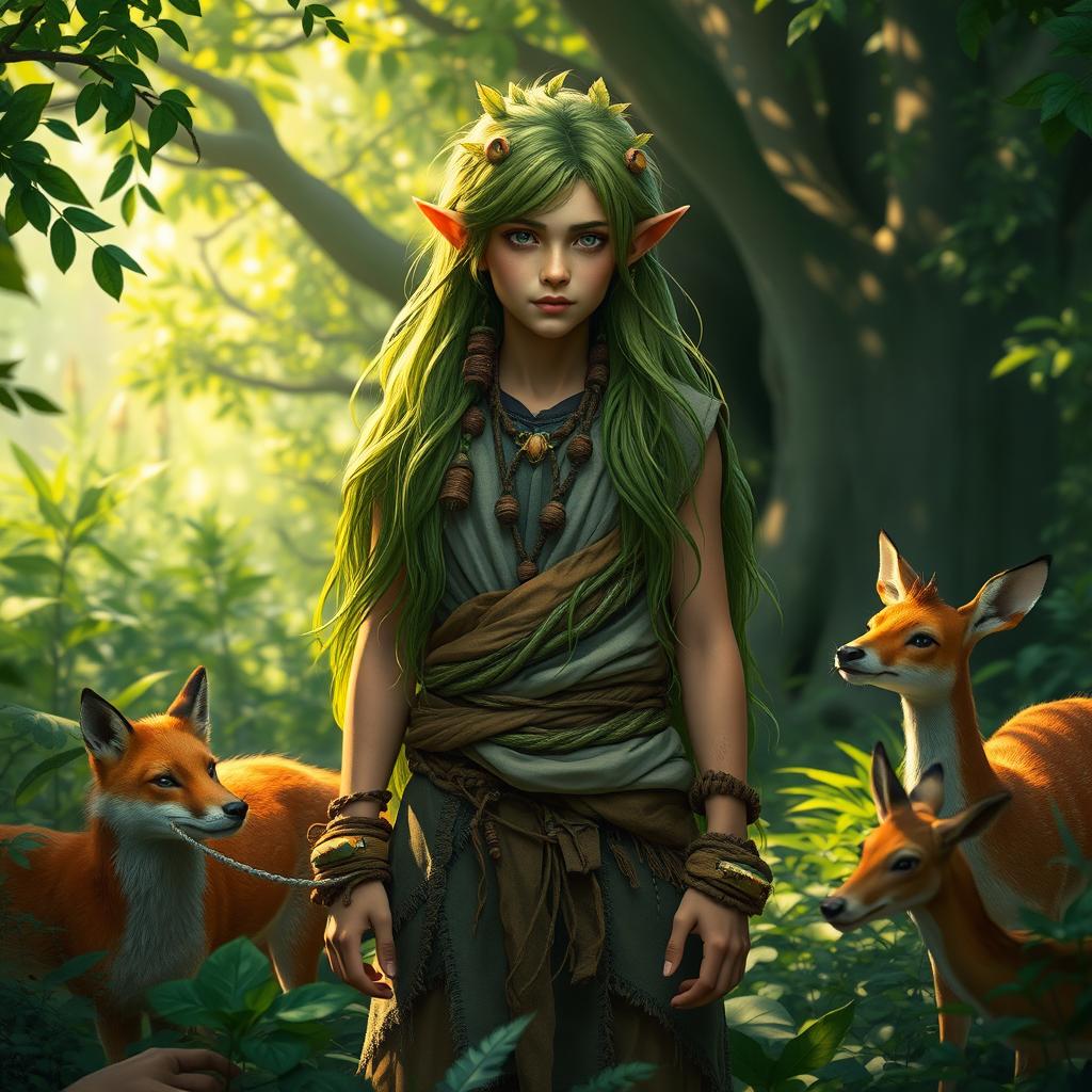 A young male wild druid elf standing in a lush, enchanted forest