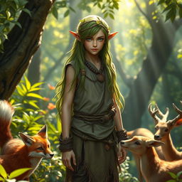 A young male wild druid elf standing in a lush, enchanted forest