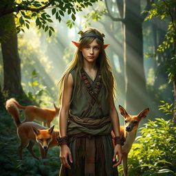 A young male wild druid elf standing in a lush, enchanted forest