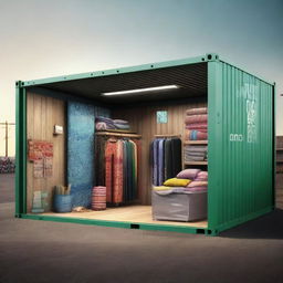 This is a digital art depiction of a fabric retail shop within a repurposed marine shipping container