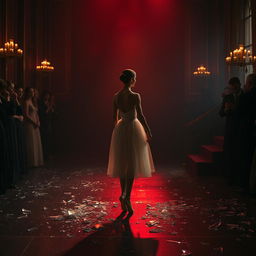 In the crimson light of a fading day, a ballerina named Lilith stands forlornly at a ruthless auction, her shattered dreams scattered like shards of glass across the floor