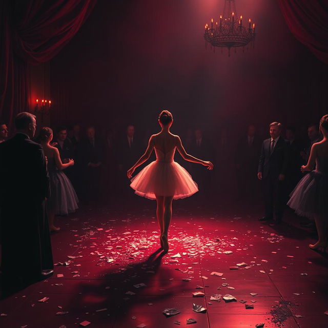 In the crimson light of a fading day, a ballerina named Lilith stands forlornly at a ruthless auction, her shattered dreams scattered like shards of glass across the floor