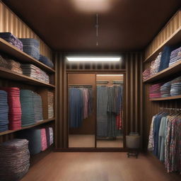 This is a digital art depiction of a fabric retail shop within a repurposed marine shipping container