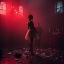 In the crimson light of a fading day, a ballerina named Lilith stands forlornly at a ruthless auction, her shattered dreams scattered like shards of glass across the floor