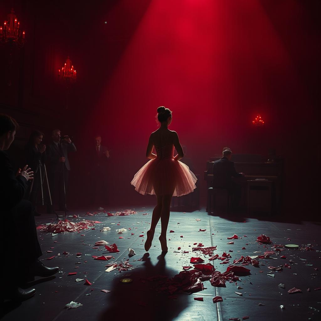 In the crimson light of a fading day, a ballerina named Lilith stands forlornly at a ruthless auction, her shattered dreams scattered like shards of glass across the floor