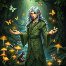 A young male elf druid standing gracefully in a lush, enchanted forest, adorned with intricate leaf-patterned robes that blend seamlessly with nature