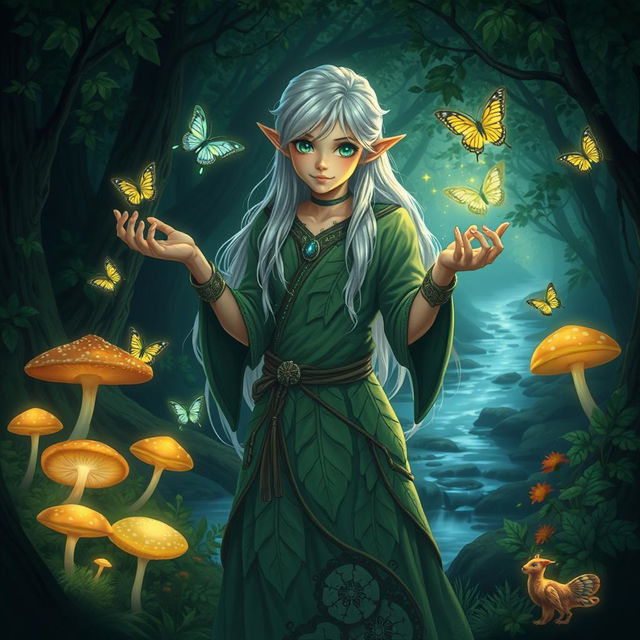 A young male elf druid standing gracefully in a lush, enchanted forest, adorned with intricate leaf-patterned robes that blend seamlessly with nature