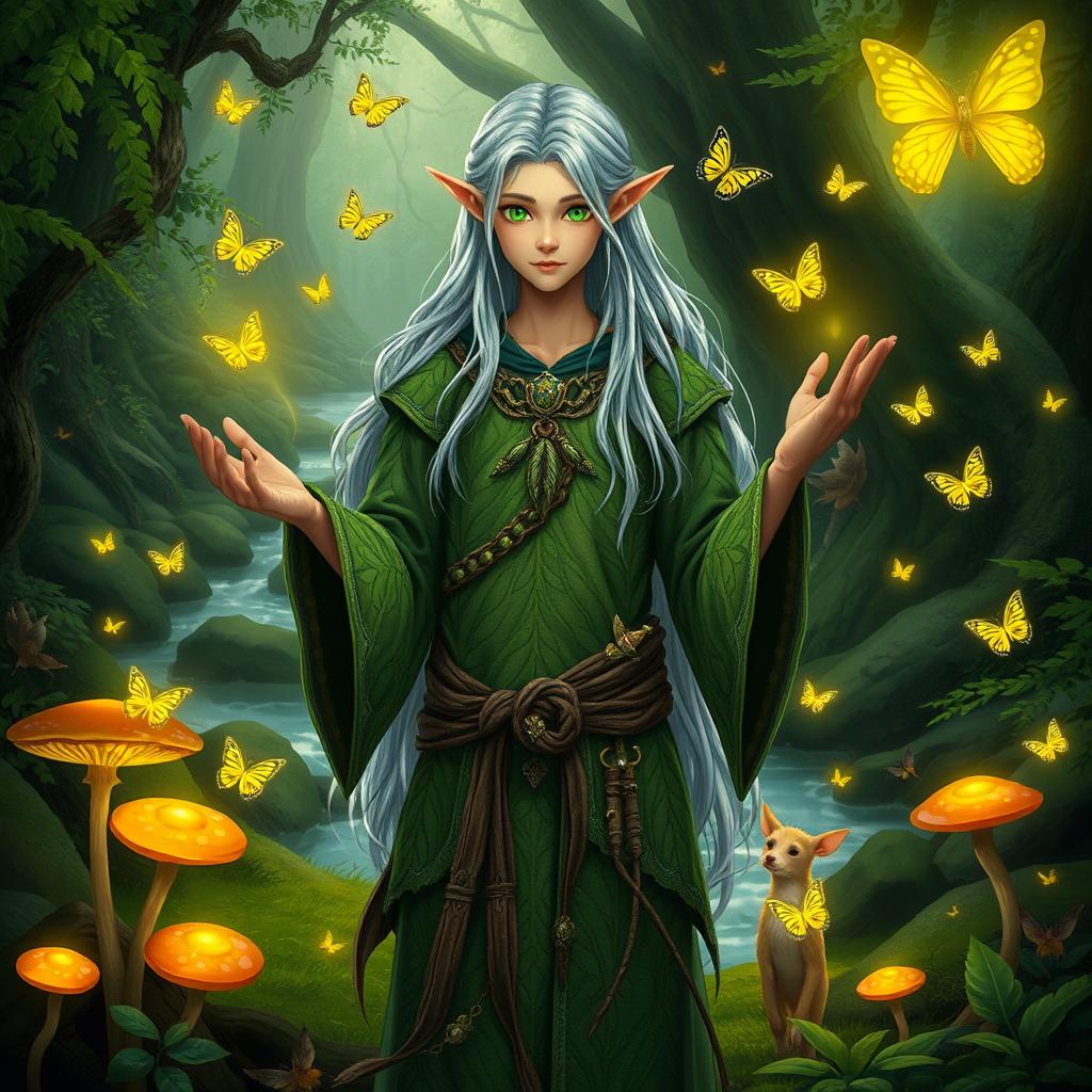 A young male elf druid standing gracefully in a lush, enchanted forest, adorned with intricate leaf-patterned robes that blend seamlessly with nature