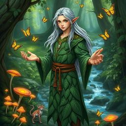 A young male elf druid standing gracefully in a lush, enchanted forest, adorned with intricate leaf-patterned robes that blend seamlessly with nature