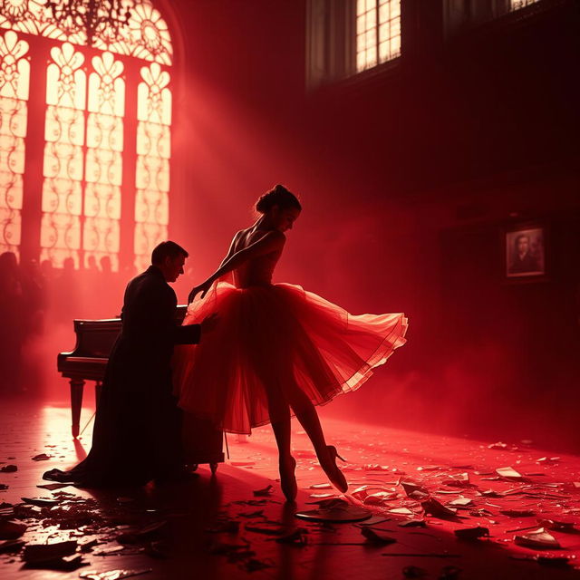 In the crimson light of a fading day, a ballerina named Lilith, lost in the labyrinths of fate, is showcased at a cruel auction