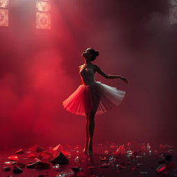 In the crimson light of a fading day, a ballerina named Lilith stands trapped in the labyrinths of fate, displayed at a ruthless auction