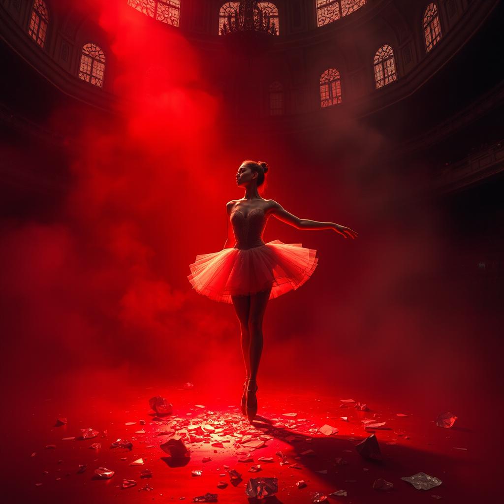 In the crimson light of a fading day, a ballerina named Lilith stands trapped in the labyrinths of fate, displayed at a ruthless auction