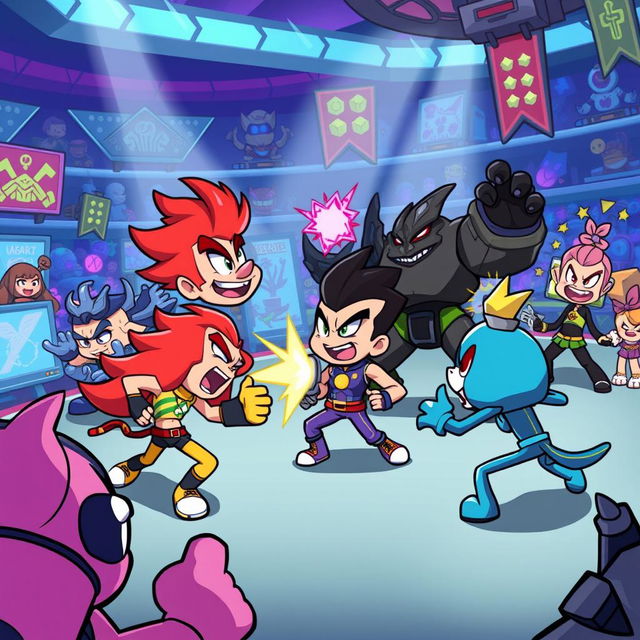 A dynamic, colorful cartoon scene set in the Brawliverse, showcasing a variety of unique brawler characters, each with their own distinctive styles and abilities