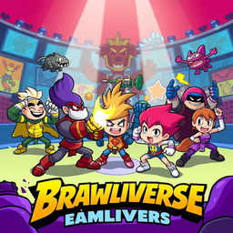A dynamic, colorful cartoon scene set in the Brawliverse, showcasing a variety of unique brawler characters, each with their own distinctive styles and abilities