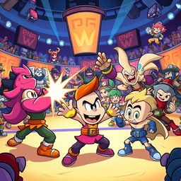 A dynamic, colorful cartoon scene set in the Brawliverse, showcasing a variety of unique brawler characters, each with their own distinctive styles and abilities