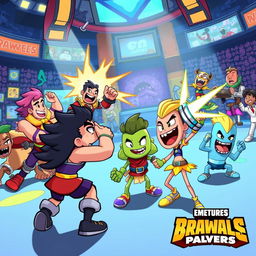 A dynamic, colorful cartoon scene set in the Brawliverse, showcasing a variety of unique brawler characters, each with their own distinctive styles and abilities