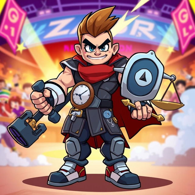 A Brawliverse brawler character that embodies punctuality and justice, set in a colorful, energetic cartoon environment