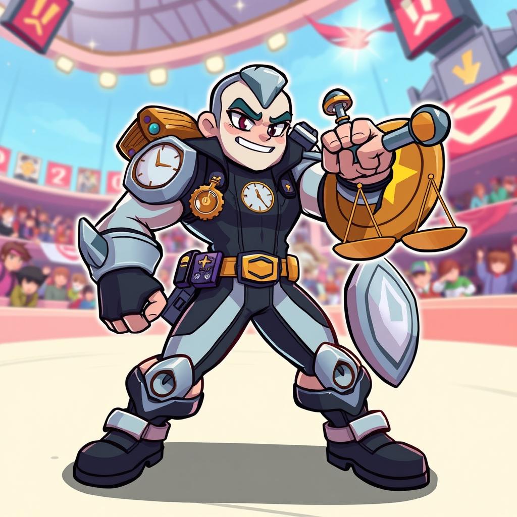 A Brawliverse brawler character that embodies punctuality and justice, set in a colorful, energetic cartoon environment